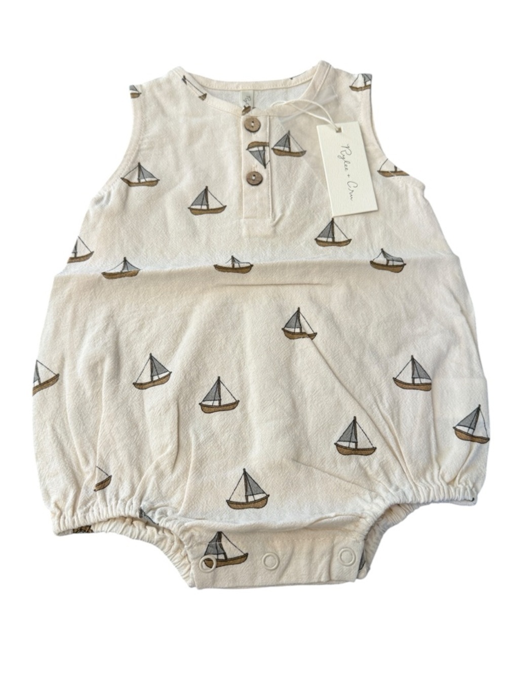 NWTS Rylee + Cru Ivory Sailboat Beau Linen blend Romper, Sz 6-12 months